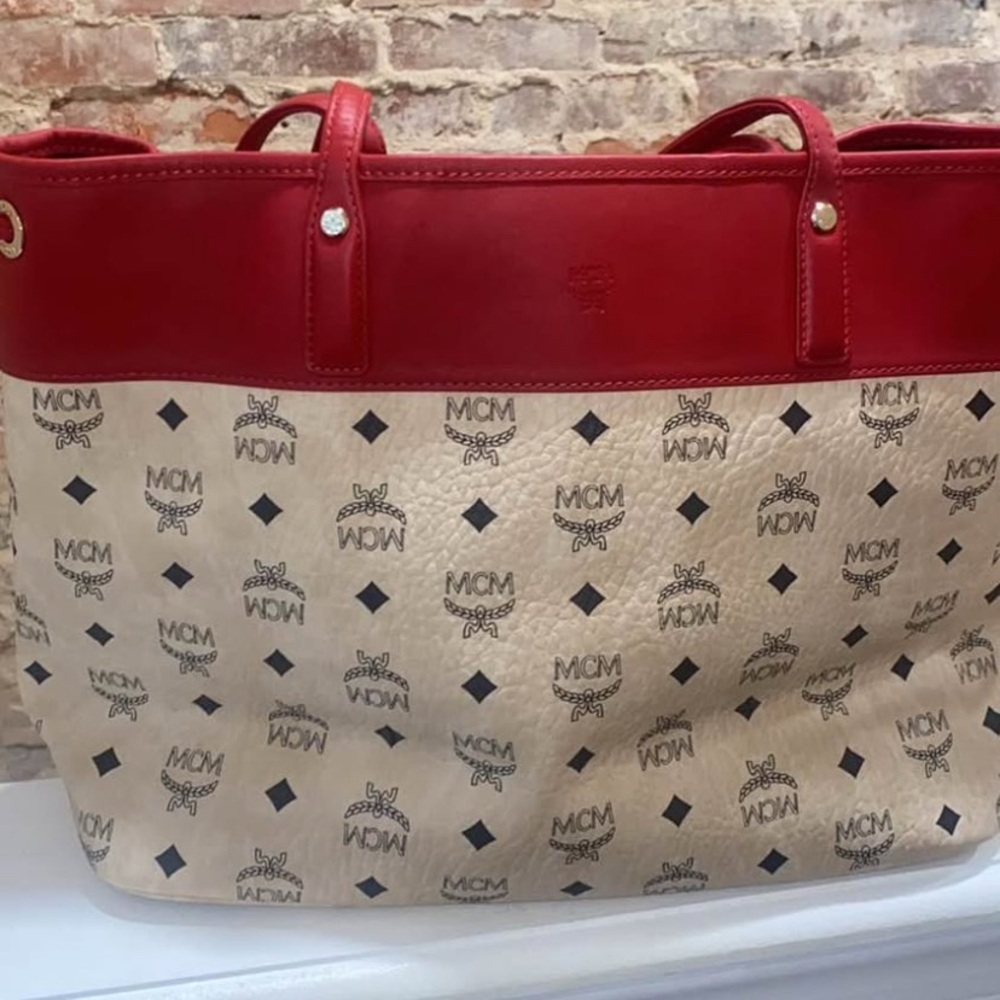 MCM Red and Tan Logo Tote Bag